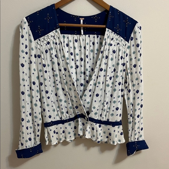 Free People Tops - Free People Where We Roam Navy White Geometric Top Blouse Small Deep V Neck